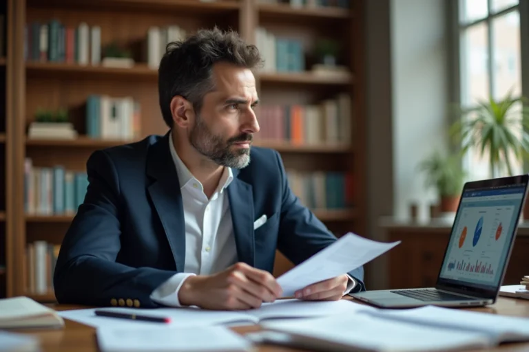 Homme en blazer marine assis à un bureau académique entouré de livres et de documents de recherche