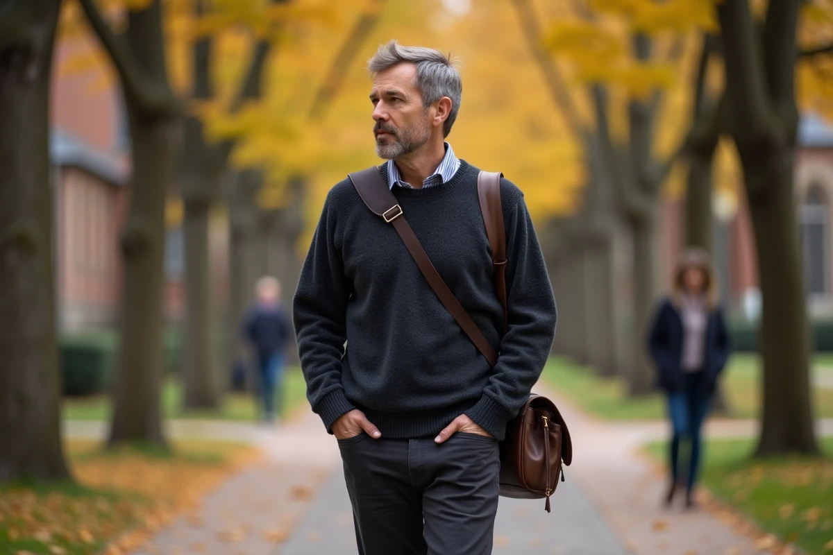 Homme traversant une allée de campus universitaire en automne avec un sac en cuir, air pensif