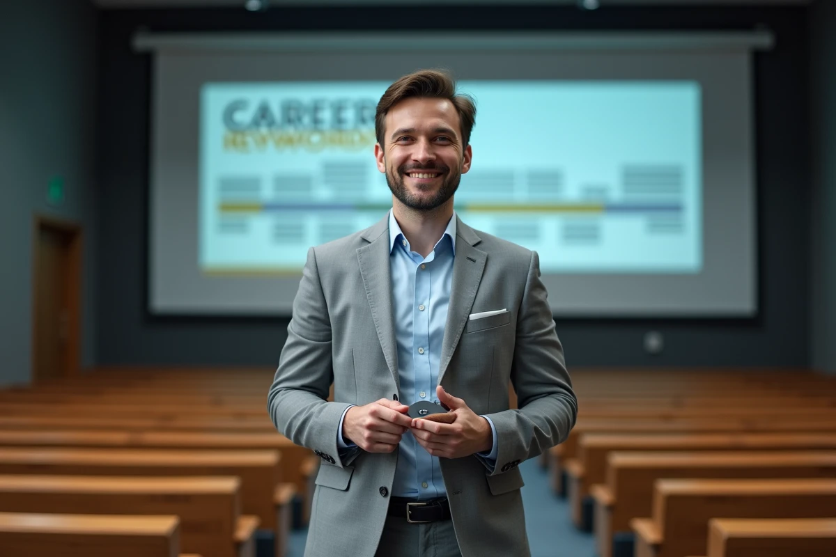 Homme en costume gris présentant son parcours professionnel dans un amphithéâtre universitaire