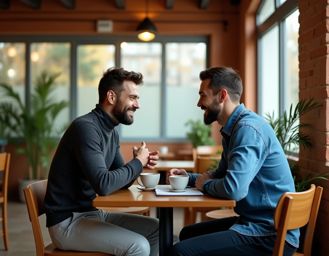 Deux amis adultes en grande conversation autour d'un café dans un intérieur chaleureux, symbolisant une amitié profonde et intellectuelle