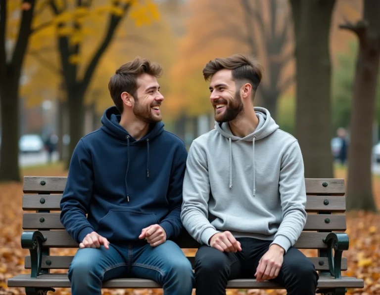 Deux amis adultes riant ensemble assis sur un banc de parc en automne, illustrant une amitié sincère et complice