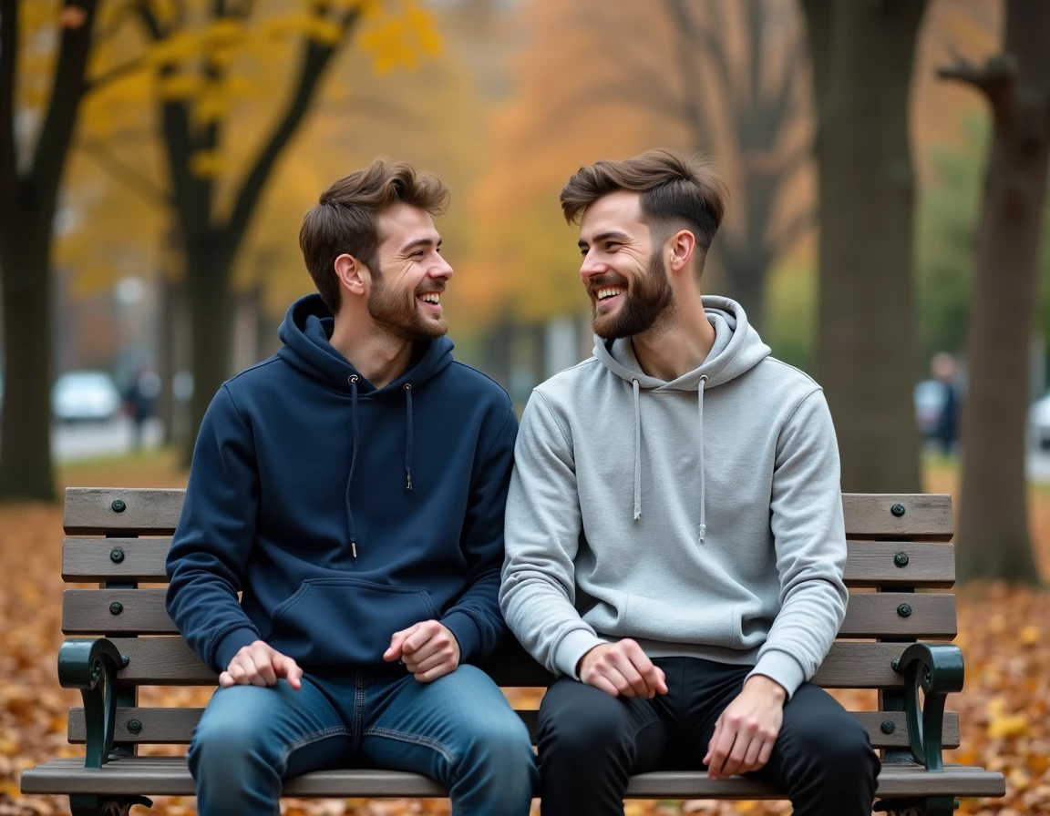 Deux amis adultes riant ensemble assis sur un banc de parc en automne, illustrant une amitié sincère et complice
