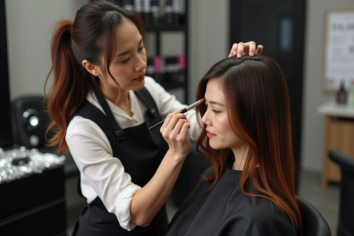 Coiffeuse en train d'appliquer des mèches caramel et miel sur cheveux châtain foncé en studio