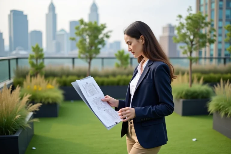 Architecte paysagiste femme examine un plan de toit vert