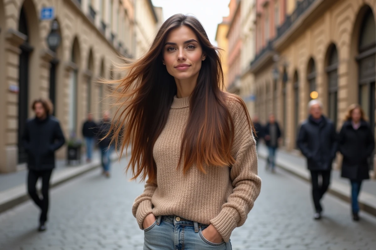 Femme aux mèches caramel et miel sur cheveux châtain foncé en extérieur urbain en automne