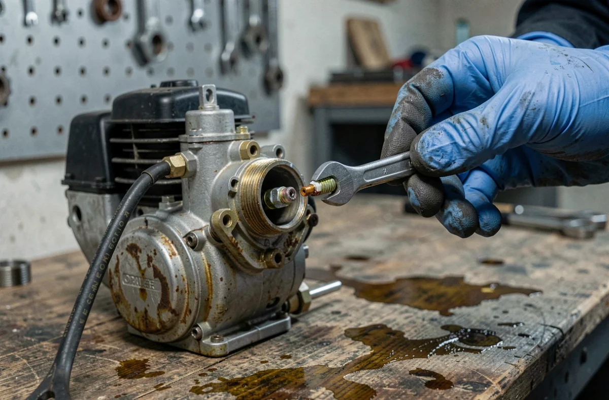 Gros plan sur la bougie d'allumage et le carburateur d'un moteur de tarière thermique lors d'un diagnostic de panne