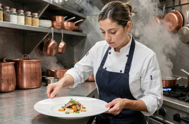 Cheffe cuisinière professionnelle en veste blanche dressant un plat gastronomique moderne dans une cuisine professionnelle en acier inoxydable