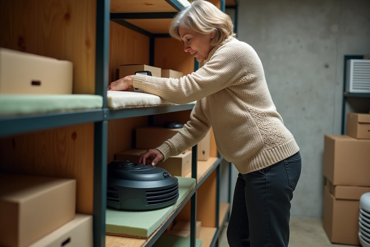 Femme choisissant un emplacement de stockage adapté pour un robot tondeuse dans un sous-sol sec et organisé