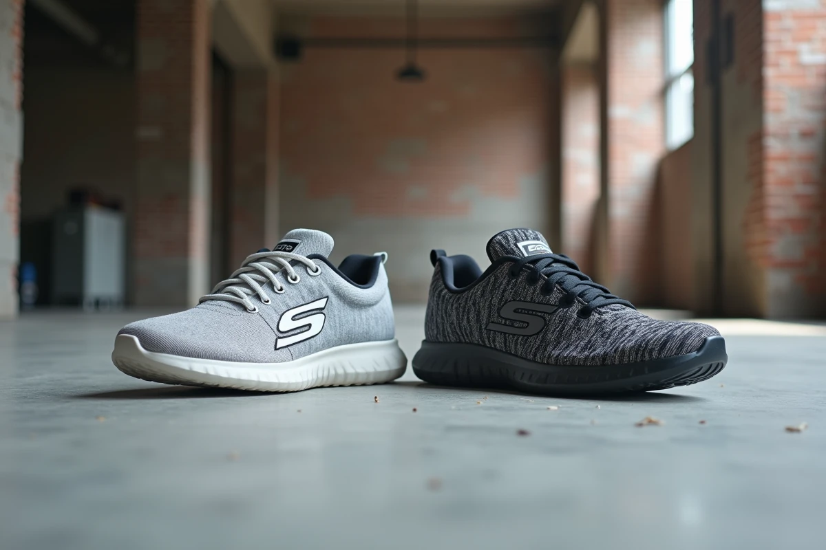 Side-by-side comparison of a real Skechers shoe and a counterfeit showing differences in logo, sole, and stitching