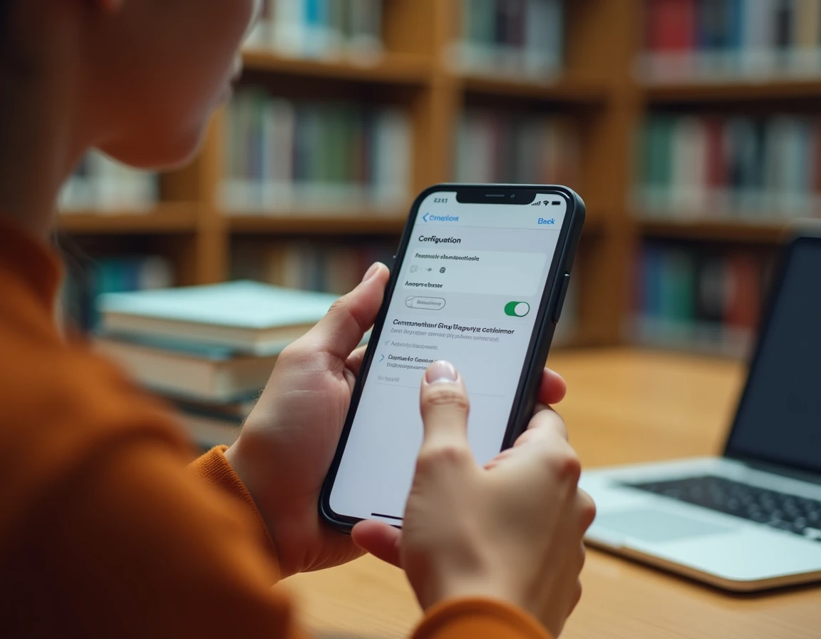 Gros plan sur des mains configurant les permissions d'une application sur iPhone dans un environnement universitaire