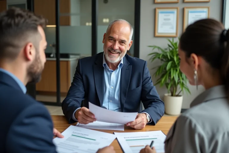 Conseiller financier présentant un contrat Previlion à un couple dans un bureau professionnel