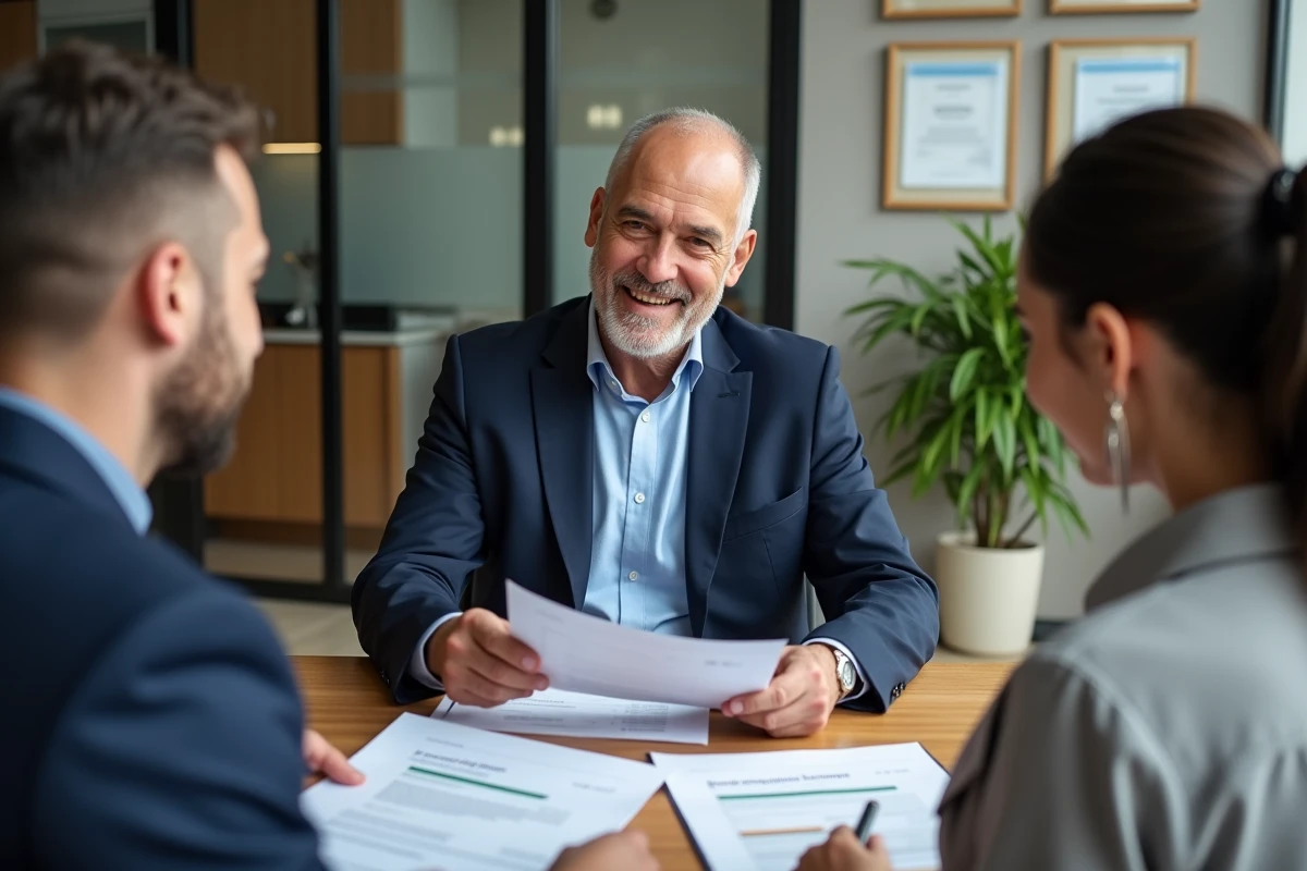 Conseiller financier présentant un contrat Previlion à un couple dans un bureau professionnel