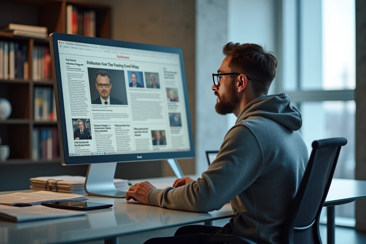 Journaliste consultant la sélection numérique des unes de journaux sur écran dans un bureau moderne