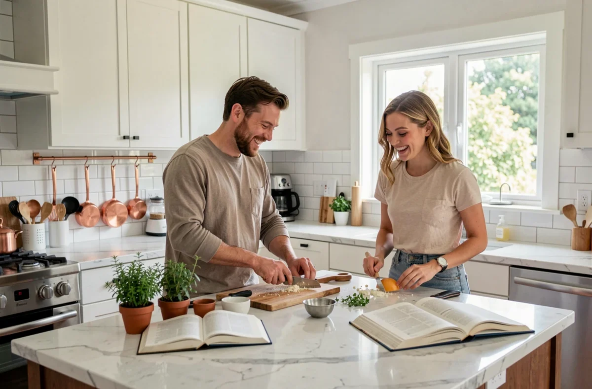 Couple de jeunes adultes cuisinant ensemble dans une cuisine moderne avec des ingrédients frais sur un îlot en marbre, ambiance domestique authentique