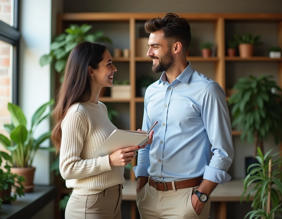 Couple complice dans un espace de co-working moderne, symbolisant le soutien mutuel dans la carrière professionnelle
