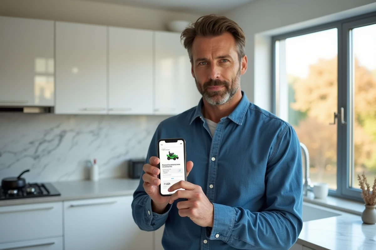 Homme désactivant les commandes domotiques d'un robot tondeuse depuis son smartphone dans une cuisine moderne