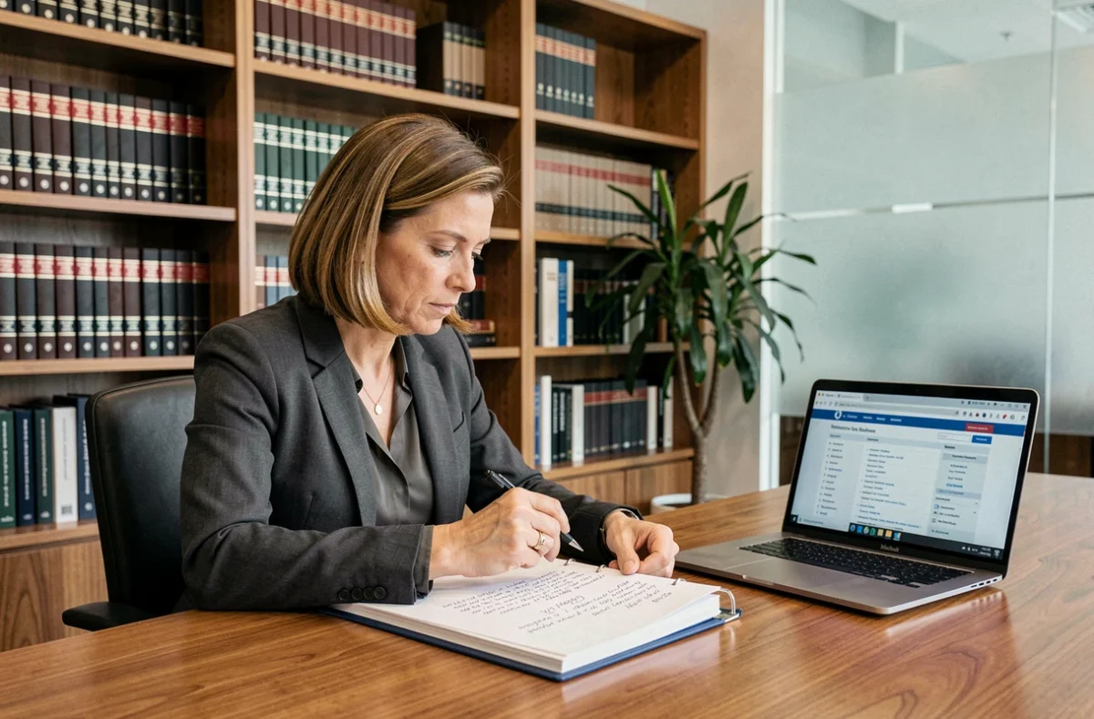 Dirigeante d'entreprise consultant des ressources juridiques dans une salle de réunion moderne avec des livres de droit en arrière-plan