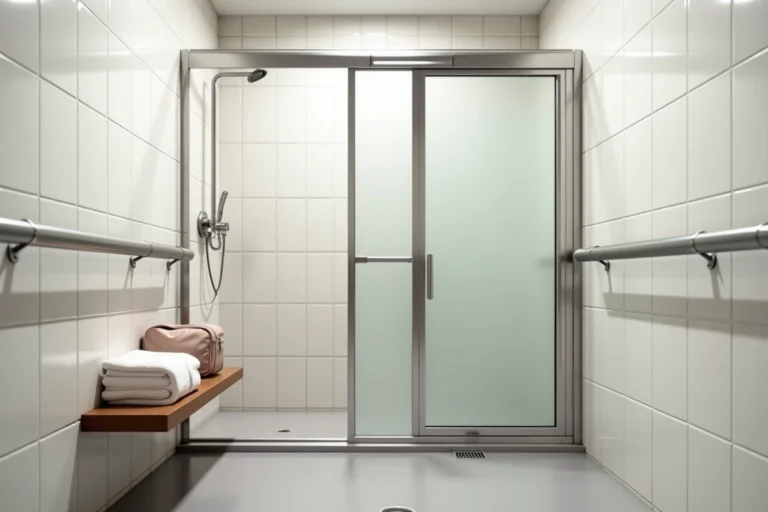 Cabine de douche propre et moderne dans une aire de repos autoroutière avec paroi en verre dépoli et porte-serviettes chromé