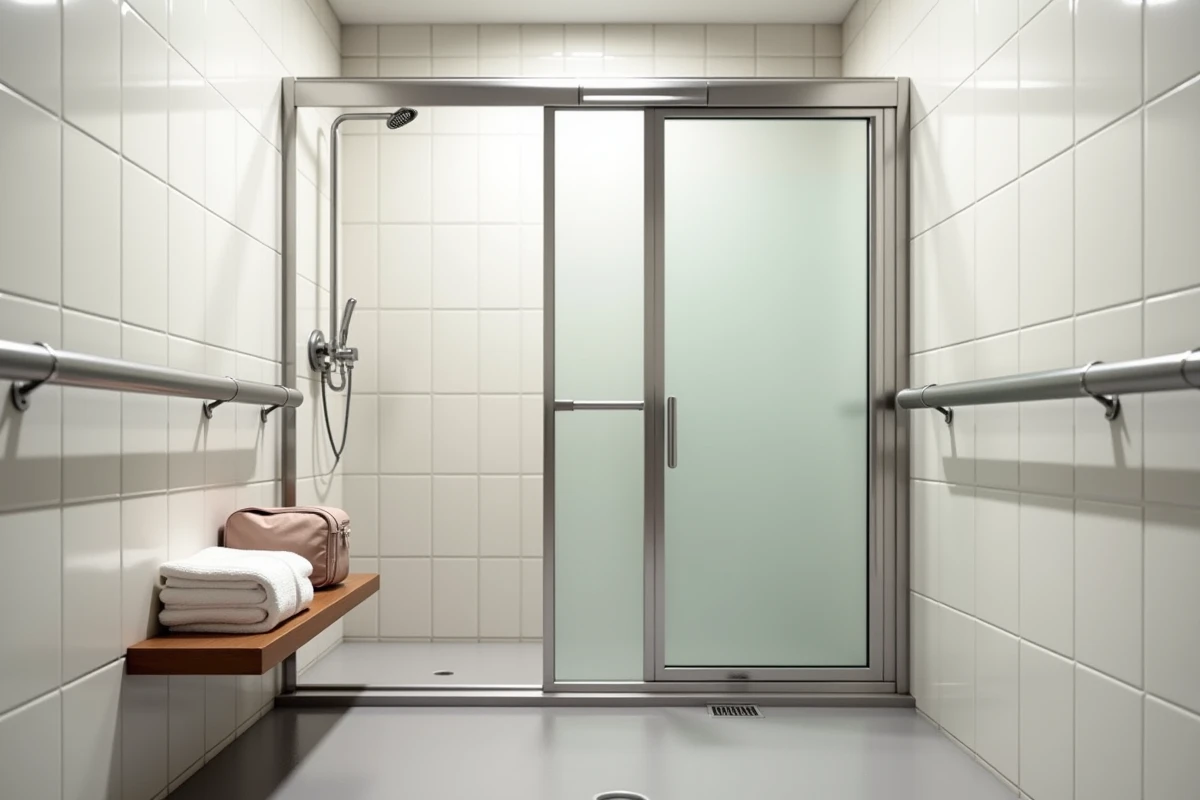 Cabine de douche propre et moderne dans une aire de repos autoroutière avec paroi en verre dépoli et porte-serviettes chromé