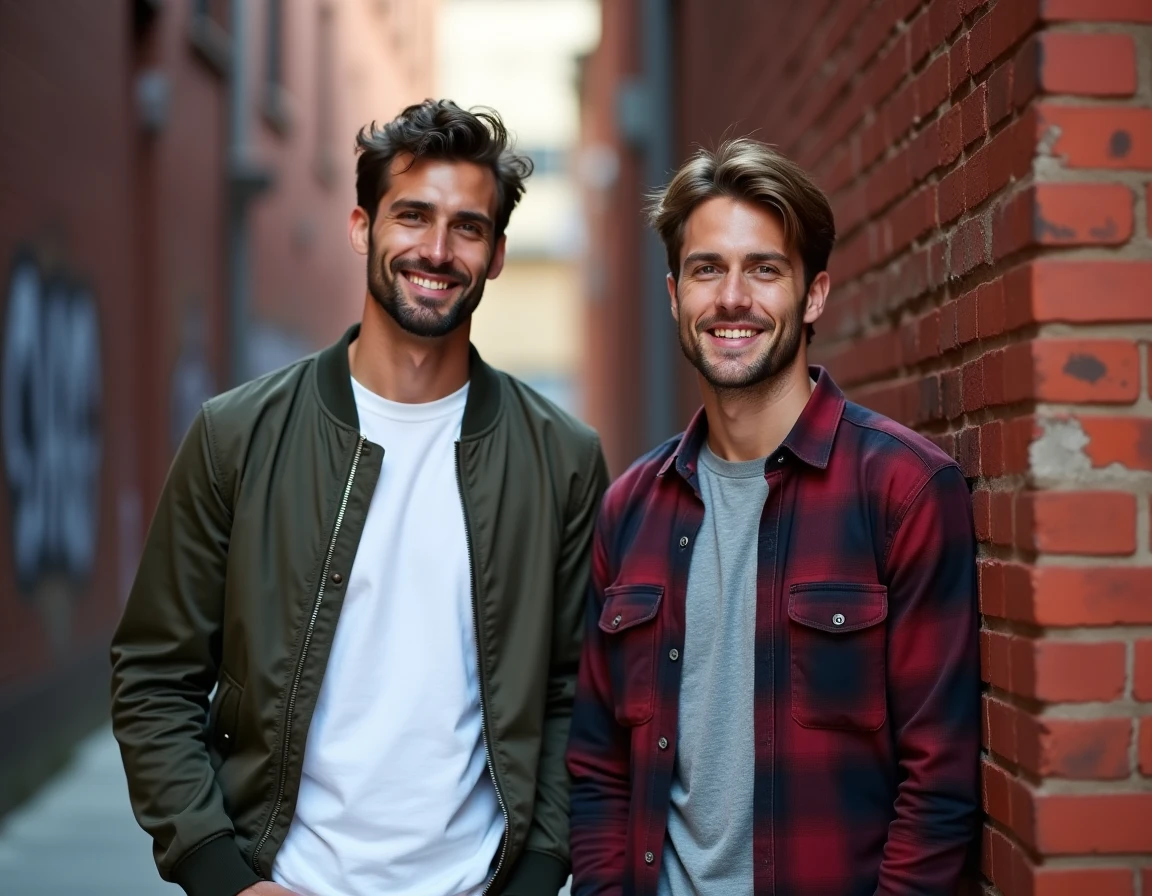 Deux hommes adultes appuyés contre un mur de briques urbain, regardant l'objectif avec une complicité naturelle et décontractée