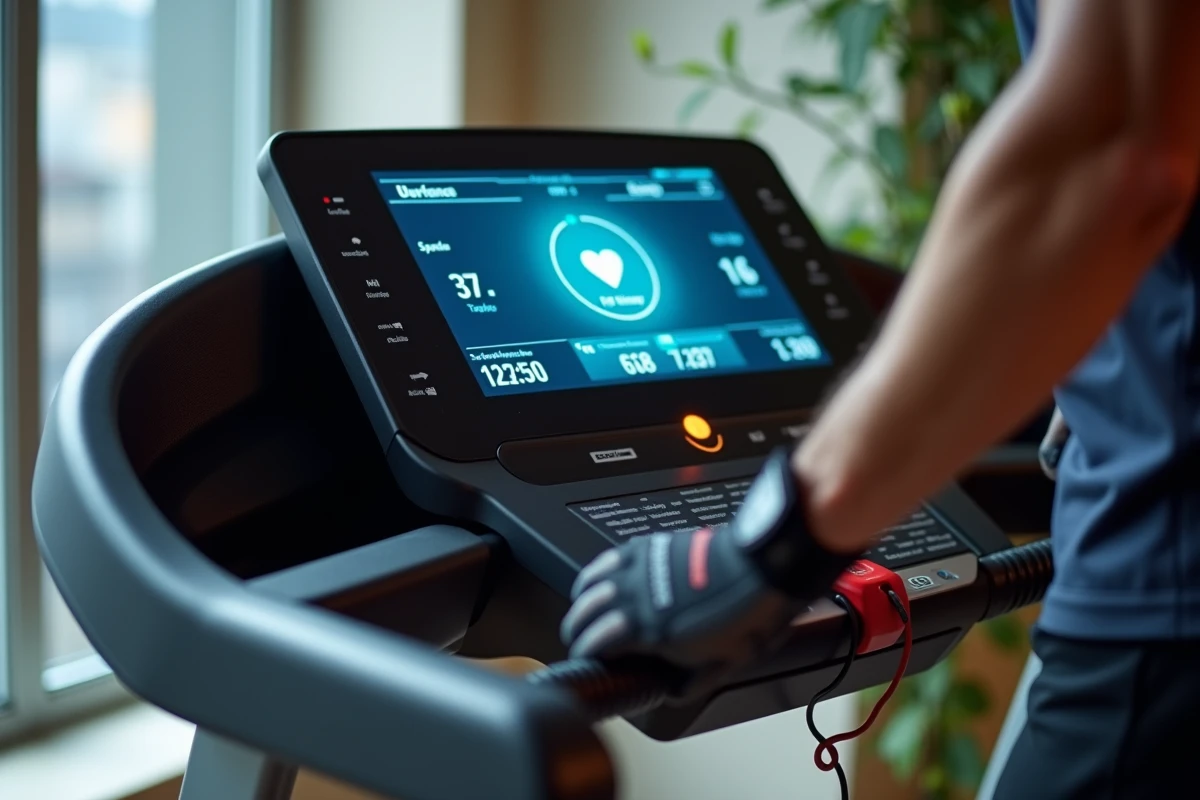 Écran de contrôle d'un tapis de course connecté affichant les données d'entraînement