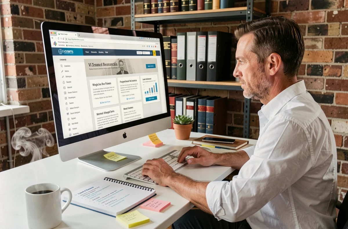 Entrepreneur consultant des ressources juridiques en ligne depuis son bureau à domicile avec des notes et des livres de droit