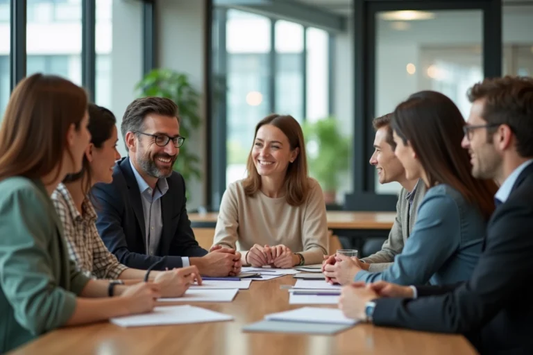 Groupe de collègues en réunion dans un bureau moderne