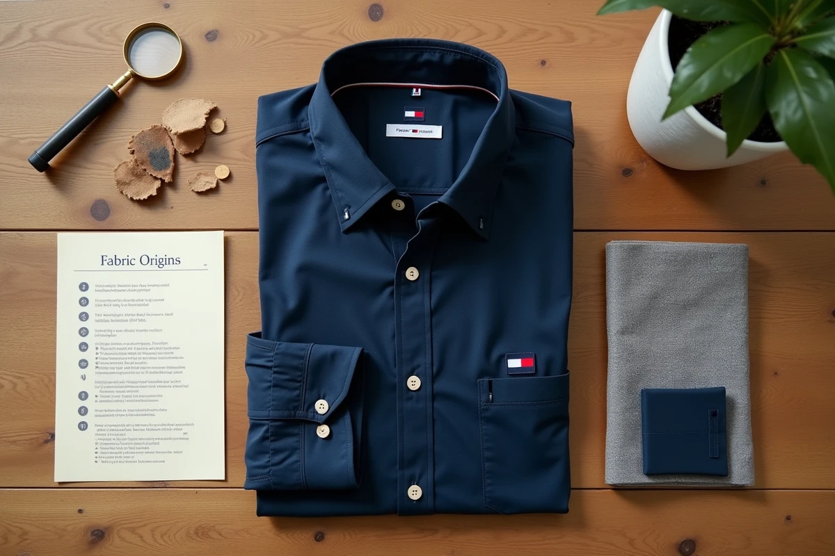 Étiquette d'origine tissu Tommy Hilfiger posée à plat avec accessoires d'inspection de fabrication textile