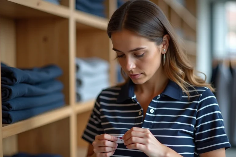 Femme inspectant l'étiquette pays de fabrication d'un polo Tommy Hilfiger dans une boutique de vêtements à Nantes