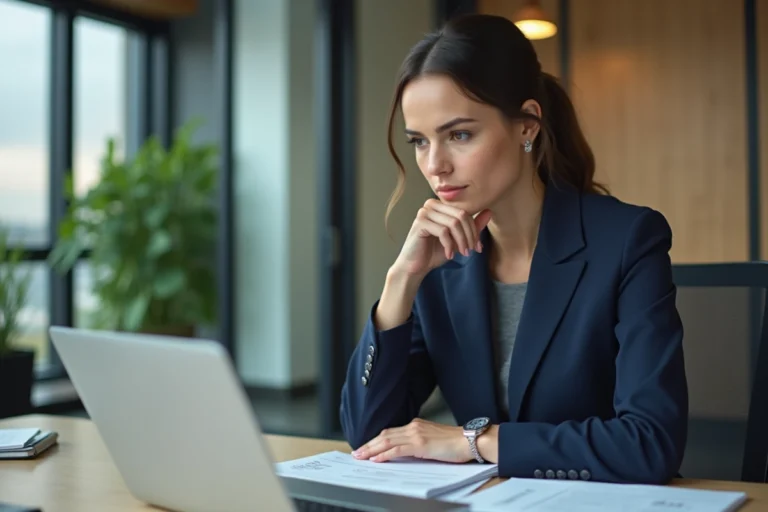 Femme d'affaires en costume navy dans un bureau moderne