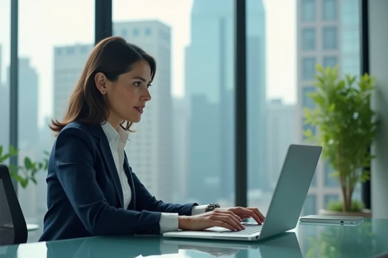 Femme professionnelle en bureau moderne travaillant sur son ordinateur