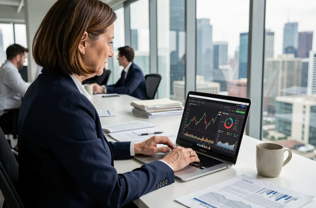 Femme cadre en blazer marine analysant des graphiques financiers sur un ordinateur portable dans un bureau moderne avec vue sur la ville