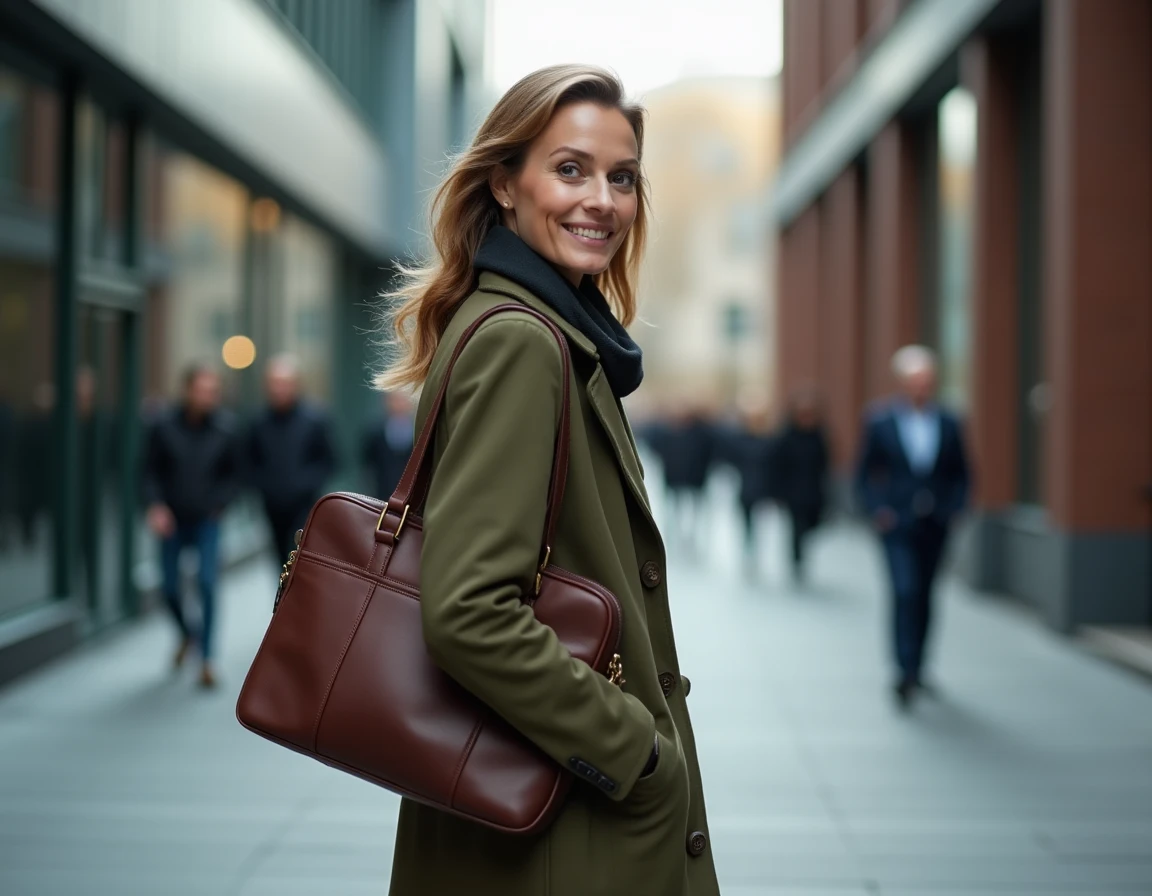 Femme confiante marchant en ville avec un portfolio, évoquant une carrière épanouie soutenue par son partenaire