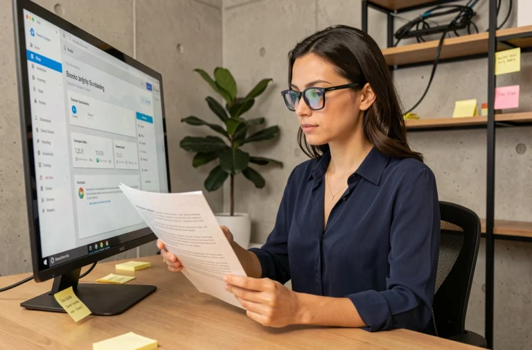 Femme professionnelle démarrant avec un logiciel d'orchestration sur son poste de travail moderne