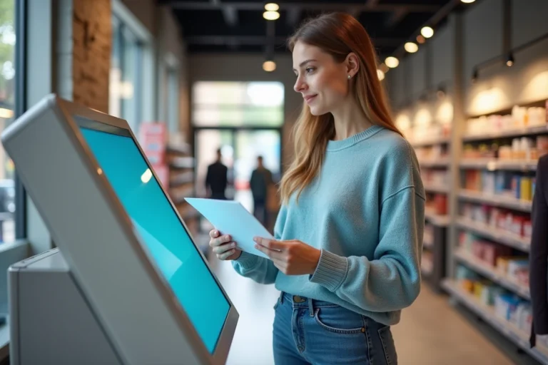Femme en sweater bleu utilisant un kiosque d'impression en supermarche