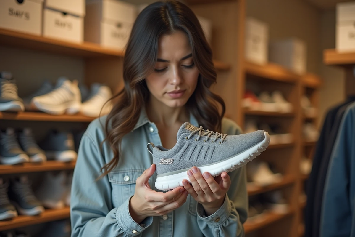 Woman carefully inspecting the inner label and stitching of a Skechers shoe in a store to detect a possible counterfeit