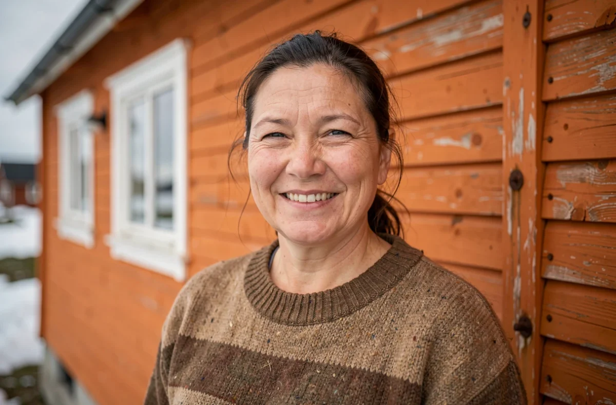 Femme inuite groenlandaise souriante devant sa maison en bois peinte en orange vif à Nuuk