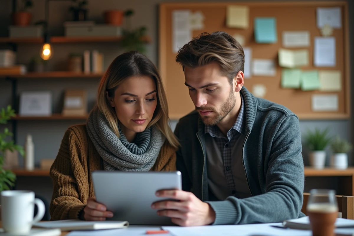 Femme et jeune homme regardant une tablette dans un bureau
