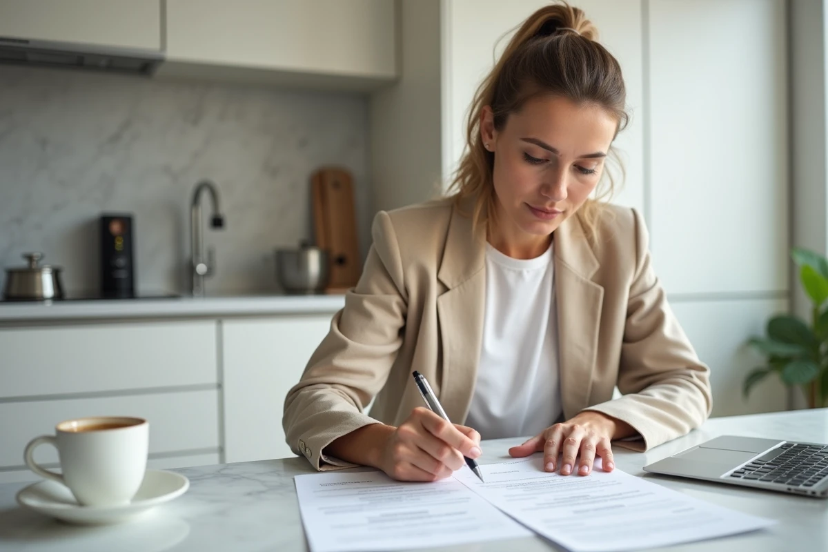 Femme lisant attentivement un contrat d'épargne Previlion à domicile