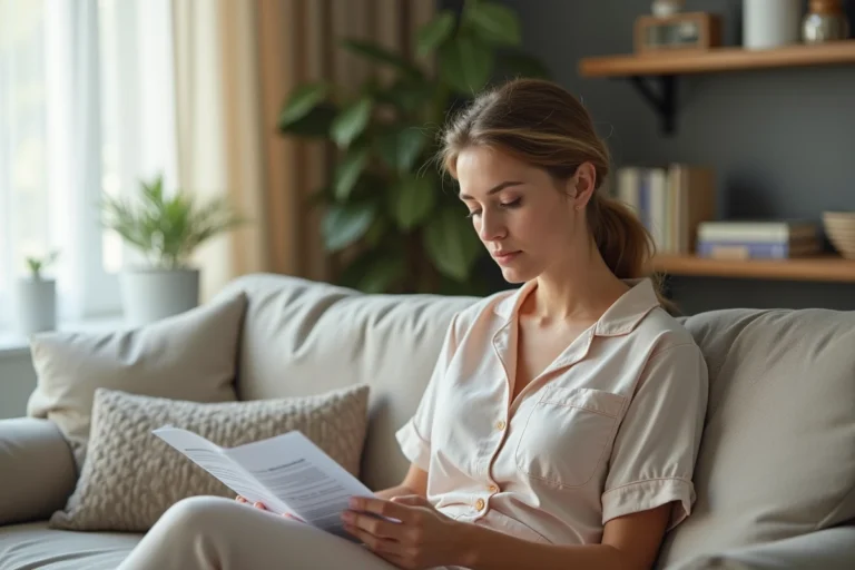 Femme lisant un dépliant médical dans un salon lumineux