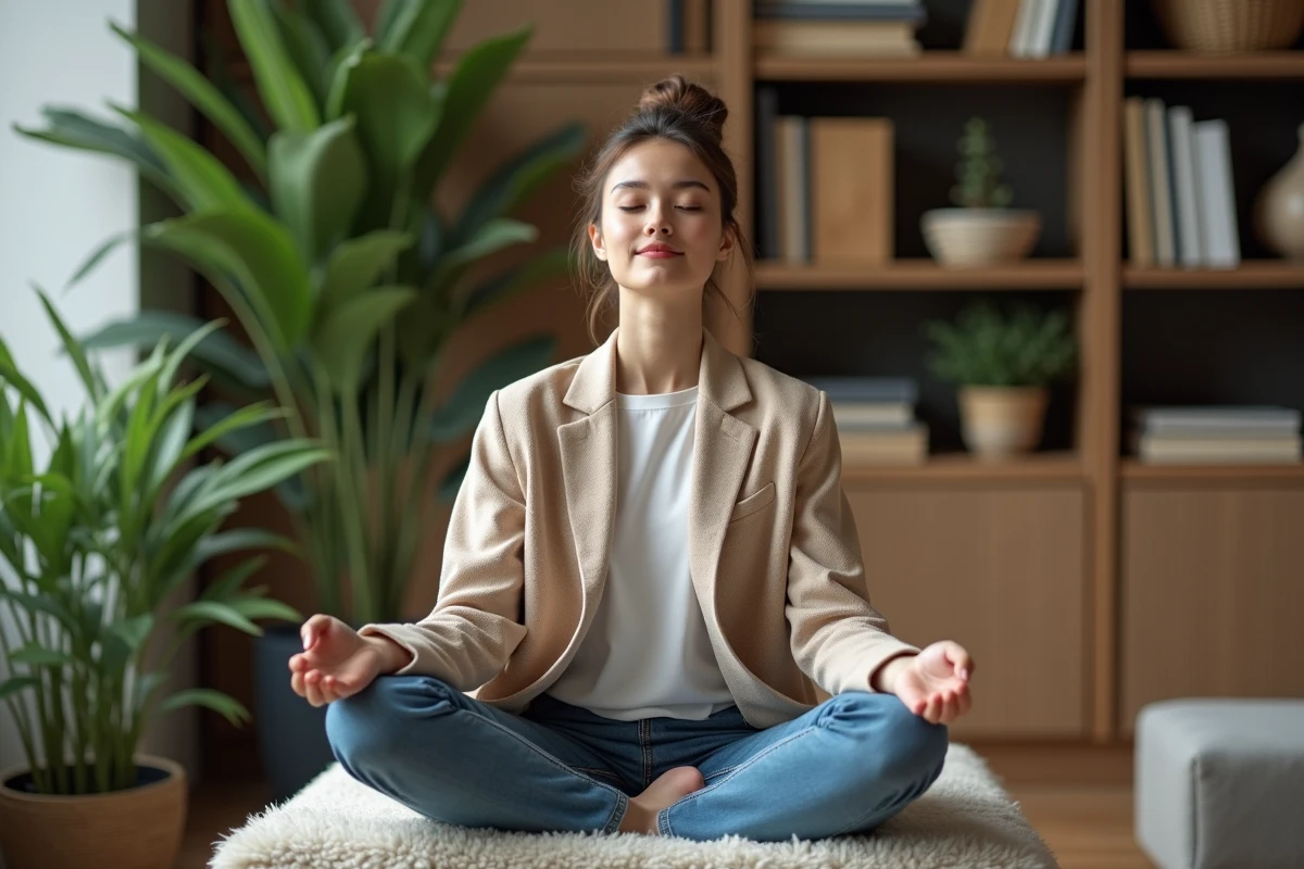 Jeune femme pratiquant la pleine conscience dans un espace détente
