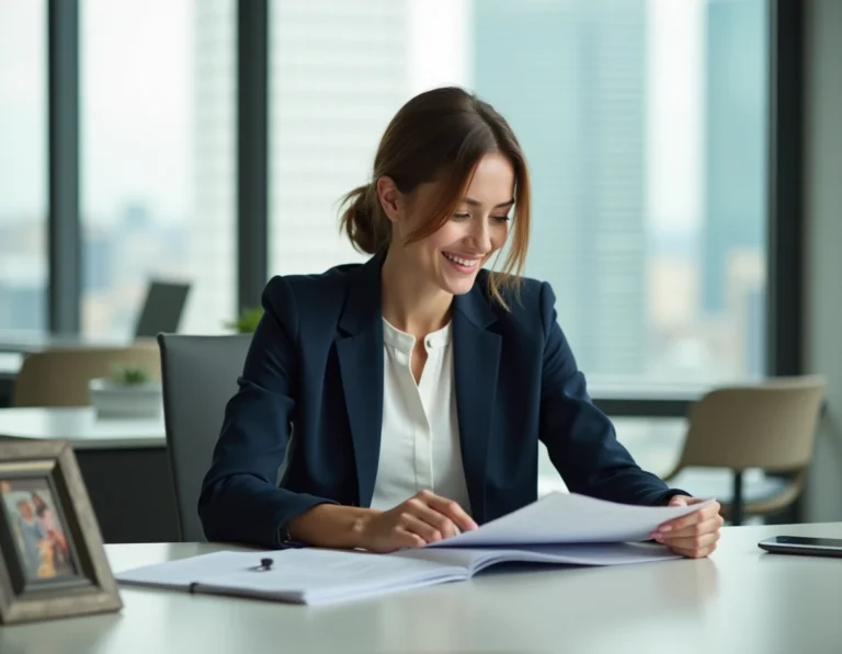 Femme professionnelle assise à son bureau en entreprise, évoquant l'équilibre entre vie de couple et carrière