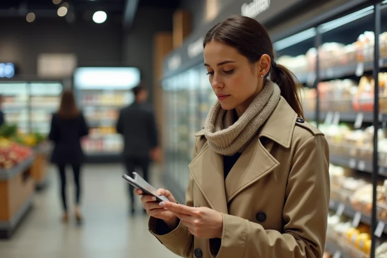 Femme française examinant étiquettes dans un supermarche parisien