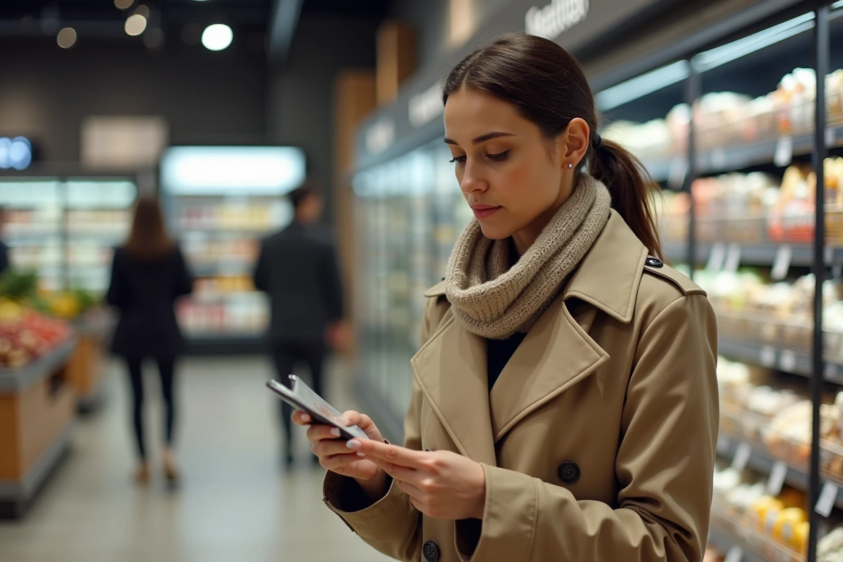 Femme française examinant étiquettes dans un supermarche parisien