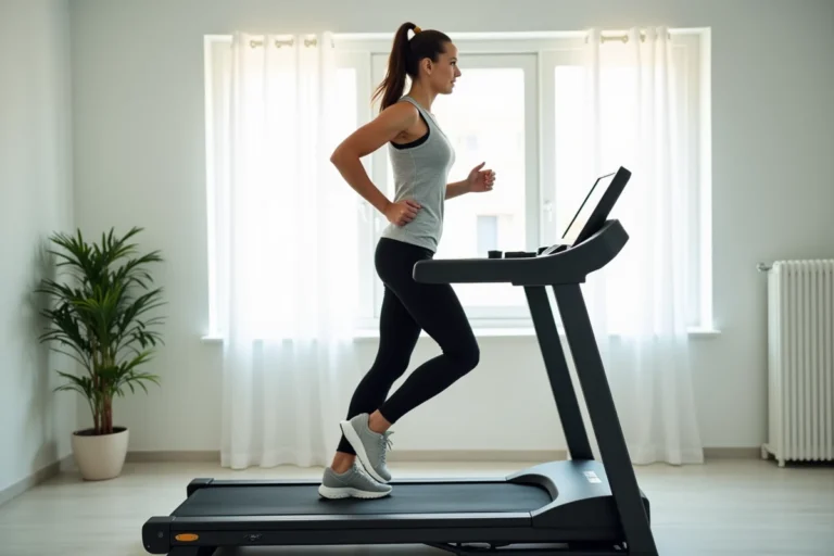 Femme qui court sur un tapis de course moderne dans une salle de sport à domicile