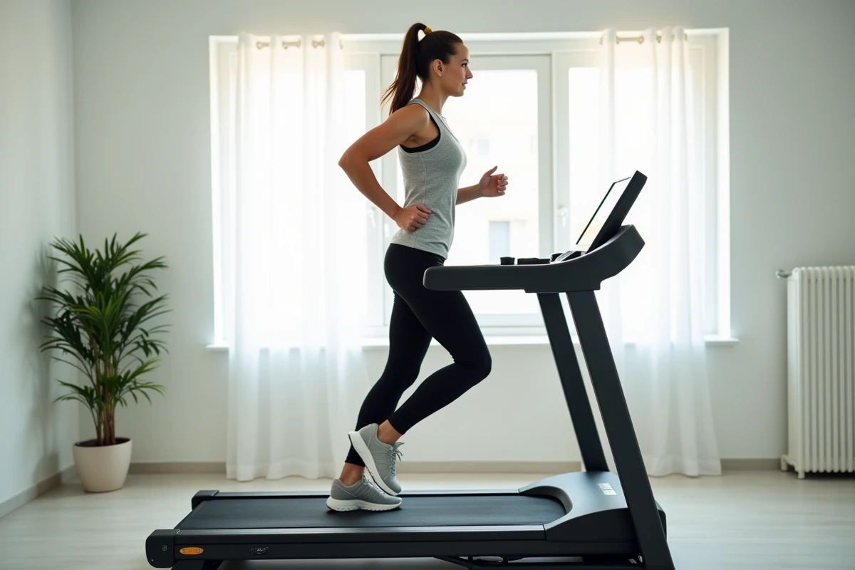 Femme qui court sur un tapis de course moderne dans une salle de sport à domicile