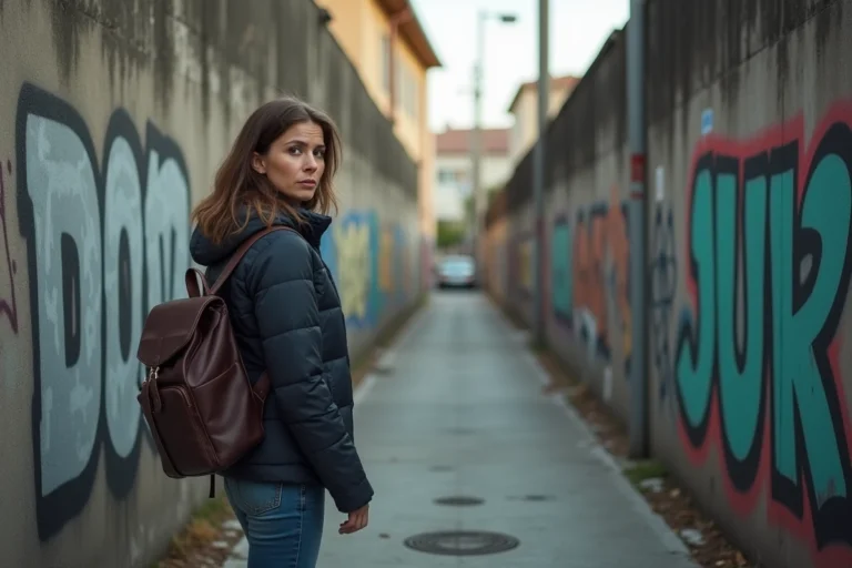 Femme prudente avec sac à dos dans un environnement urbain à Nice