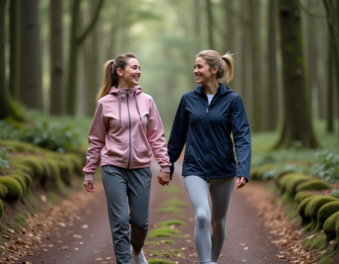 Deux femmes marchant ensemble sur un sentier forestier en riant, illustrant le bien-être par la marche en nature et les ressources sociales pour une vie équilibrée