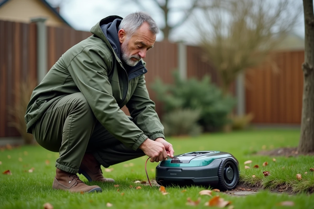 Homme rangeant le câble périphérique et la station de charge d'un robot tondeuse dans le jardin en automne