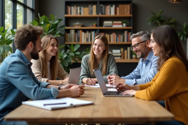 Groupe divers d'adultes en coworking échangeant des idées